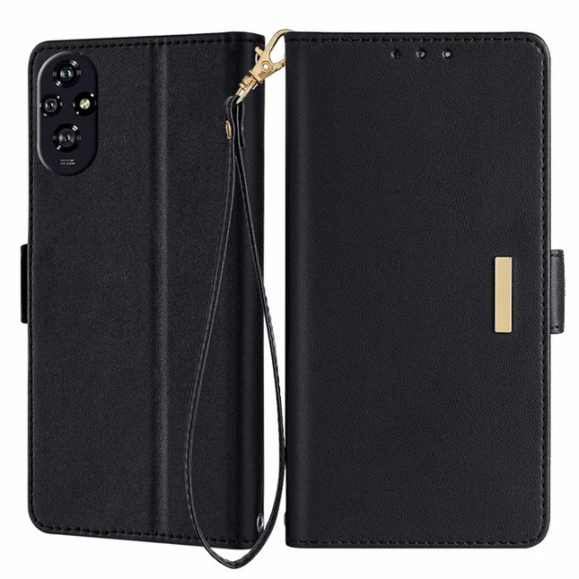 For Honor 200 5G Leather Wallet Case RFID Blocking Stand Cover with Hand Strap - Black