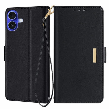 For iPhone 16 Leather Wallet Case RFID Blocking Stand Cover with Hand Strap - Black