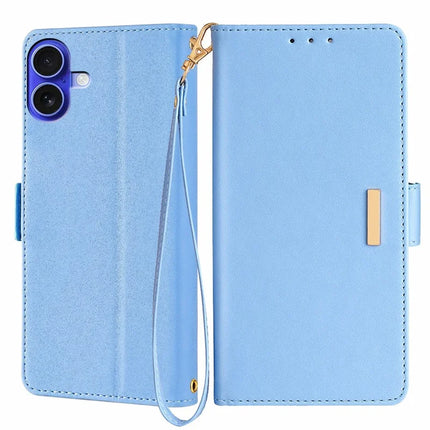 For iPhone 16 Leather Wallet Case RFID Blocking Stand Cover with Hand Strap - Blue