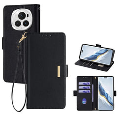 For Honor Magic6 Pro 5G Leather Wallet Case RFID Blocking Stand Cover with Hand Strap - Black