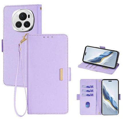 For Honor Magic6 Pro 5G Leather Wallet Case RFID Blocking Stand Cover with Hand Strap - Purple