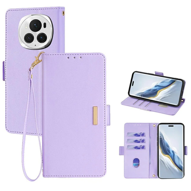 For Honor Magic6 Pro 5G Leather Wallet Case RFID Blocking Stand Cover with Hand Strap - Purple
