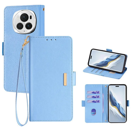 For Honor Magic6 Pro 5G Leather Wallet Case RFID Blocking Stand Cover with Hand Strap - Blue