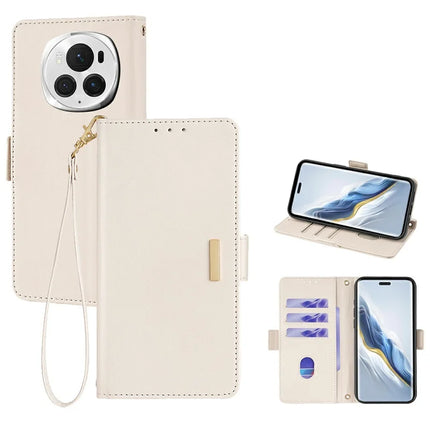 For Honor Magic6 Pro 5G Leather Wallet Case RFID Blocking Stand Cover with Hand Strap - White