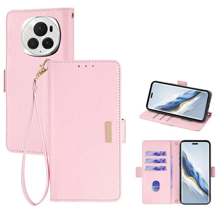 For Honor Magic6 Pro 5G Leather Wallet Case RFID Blocking Stand Cover with Hand Strap - Pink