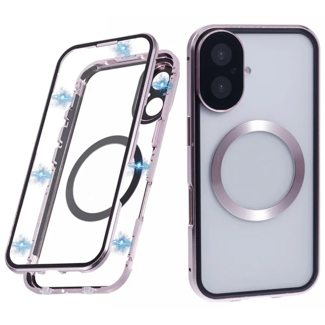For iPhone 16 Plus Case Double Sides Tempered Glass Phone Cover Compatible with MagSafe Full Protector - Rose Gold
