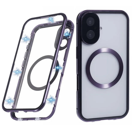 For iPhone 16 Plus Case Double Sides Tempered Glass Phone Cover Compatible with MagSafe Full Protector - Purple