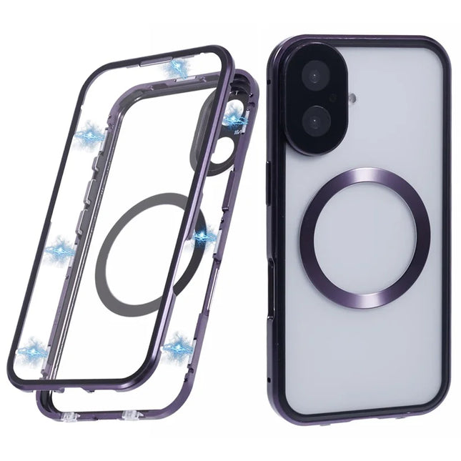 For iPhone 16 Plus Case Double Sides Tempered Glass Phone Cover Compatible with MagSafe Full Protector - Purple