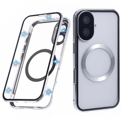 For iPhone 16 Plus Case Double Sides Tempered Glass Phone Cover Compatible with MagSafe Full Protector - Silver