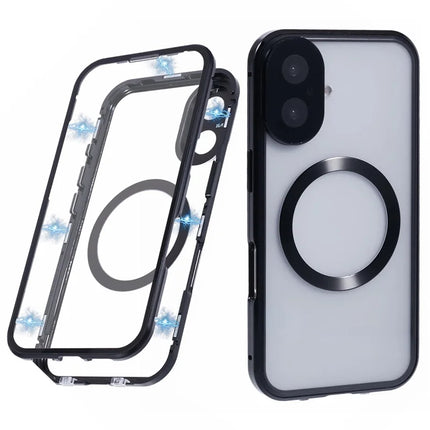 For iPhone 16 Plus Case Double Sides Tempered Glass Phone Cover Compatible with MagSafe Full Protector - Black