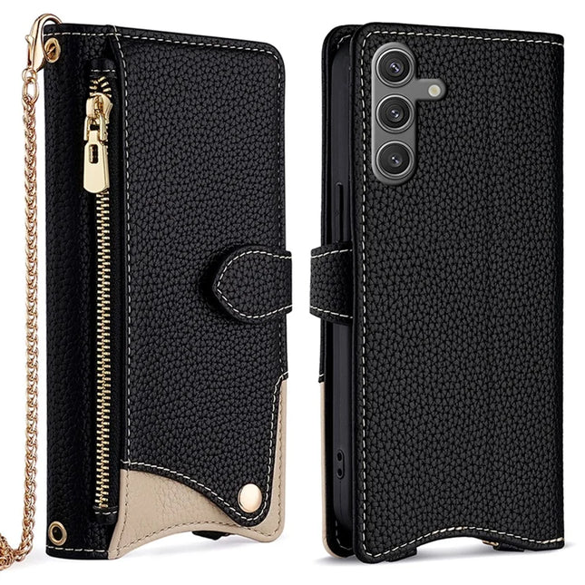 For Samsung Galaxy S23 FE Leather Case Wallet Stand Cover Irregular Tail Style with Chain Strap - Black