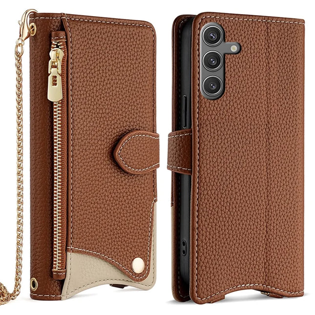 For Samsung Galaxy S23 FE Leather Case Wallet Stand Cover Irregular Tail Style with Chain Strap - Brown