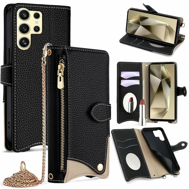 For Samsung Galaxy S23 Ultra Leather Case Wallet Stand Cover Irregular Tail Style with Chain Strap - Black