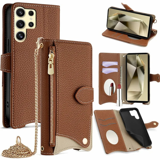 For Samsung Galaxy S23 Ultra Leather Case Wallet Stand Cover Irregular Tail Style with Chain Strap - Brown