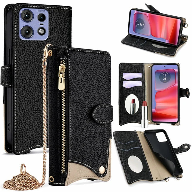 For Motorola Edge 50 Pro 5G Leather Case Wallet Stand Cover Irregular Tail Style with Chain Strap - Black