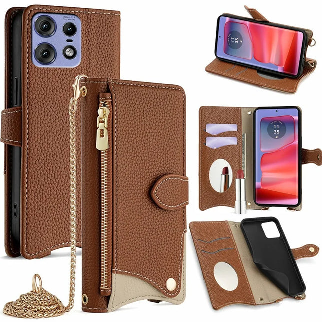 For Motorola Edge 50 Pro 5G Leather Case Wallet Stand Cover Irregular Tail Style with Chain Strap - Brown