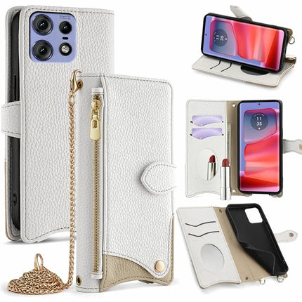 For Motorola Edge 50 Pro 5G Leather Case Wallet Stand Cover Irregular Tail Style with Chain Strap - White