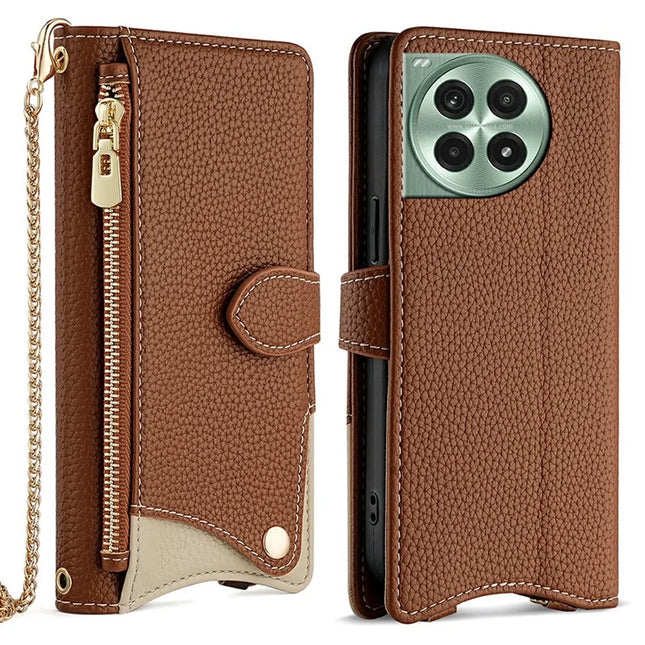 For OnePlus Ace 3 Pro 5G Leather Case Wallet Stand Cover Irregular Tail Style with Chain Strap - Brown