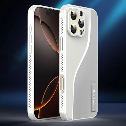 For iPhone 16 Pro Case Heat Dissipation PU+TPU+PC Phone Protector with Kickstand