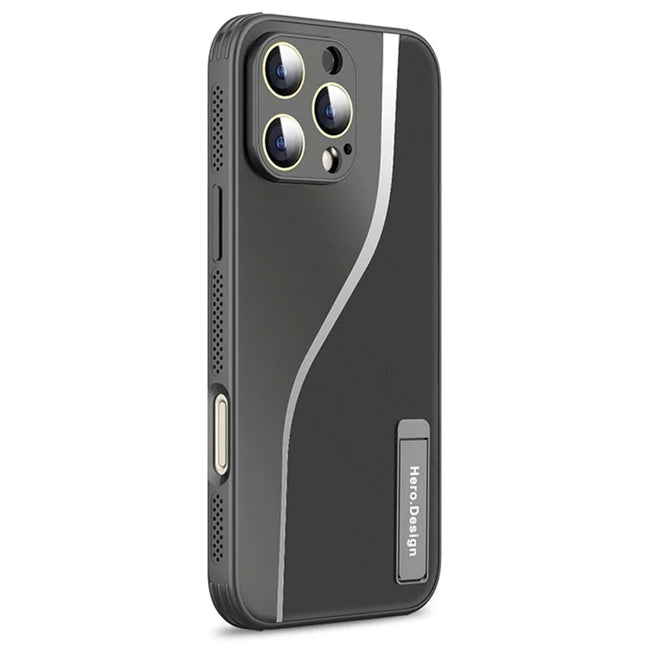 For iPhone 16 Pro Max Case Heat Dissipation PU+TPU+PC Phone Protector with Kickstand - Black