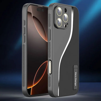 For iPhone 16 Pro Max Case Heat Dissipation PU+TPU+PC Phone Protector with Kickstand