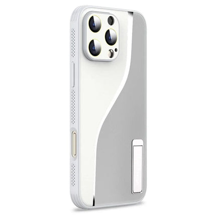 For iPhone 16 Pro Max Case Heat Dissipation PU+TPU+PC Phone Protector with Kickstand - Silver