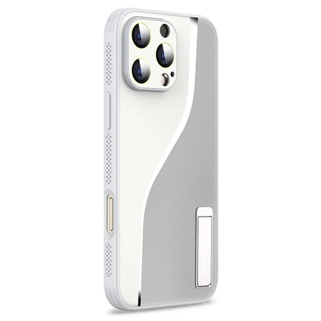 For iPhone 16 Pro Max Case Heat Dissipation PU+TPU+PC Phone Protector with Kickstand - Silver