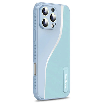 For iPhone 16 Pro Max Case Heat Dissipation PU+TPU+PC Phone Protector with Kickstand - Blue