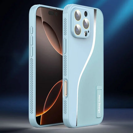 For iPhone 16 Pro Max Case Heat Dissipation PU+TPU+PC Phone Protector with Kickstand