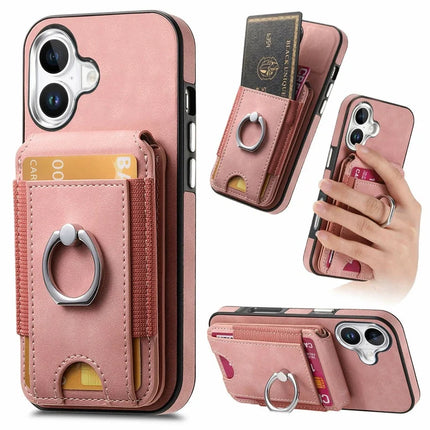 For iPhone 16 Case Skin-Touch Texture Vertical Flip Card Holder Phone Cover with Ring Holder Kickstand - Pink