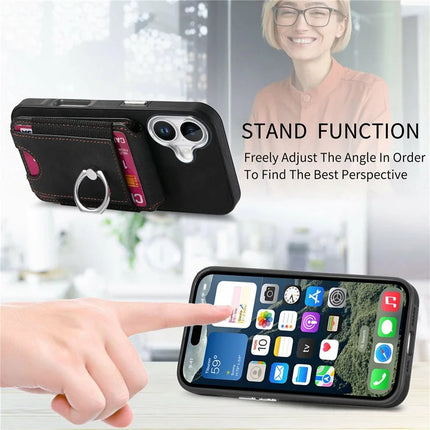 For iPhone 16 Case Skin-Touch Texture Vertical Flip Card Holder Phone Cover with Ring Holder Kickstand