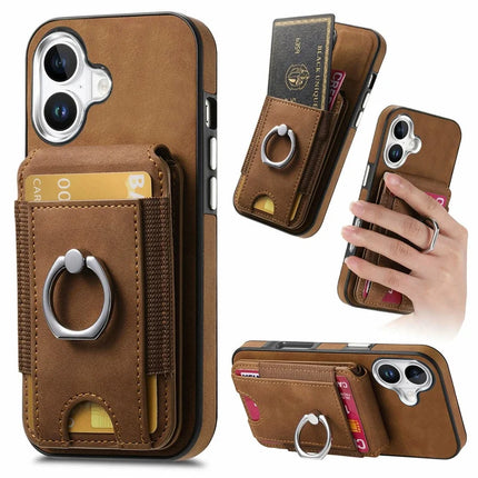 For iPhone 16 Case Skin-Touch Texture Vertical Flip Card Holder Phone Cover with Ring Holder Kickstand - Brown