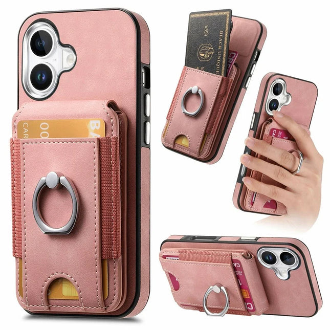 For iPhone 16 Plus Case Skin-Touch Texture Vertical Flip Card Holder Phone Cover with Ring Holder Kickstand - Pink