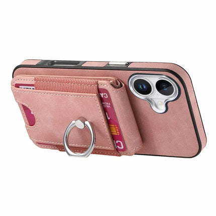 For iPhone 16 Plus Case Skin-Touch Texture Vertical Flip Card Holder Phone Cover with Ring Holder Kickstand