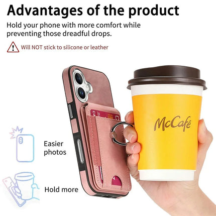 For iPhone 16 Plus Case Skin-Touch Texture Vertical Flip Card Holder Phone Cover with Ring Holder Kickstand