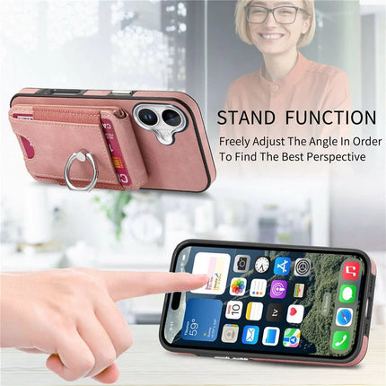 For iPhone 16 Plus Case Skin-Touch Texture Vertical Flip Card Holder Phone Cover with Ring Holder Kickstand