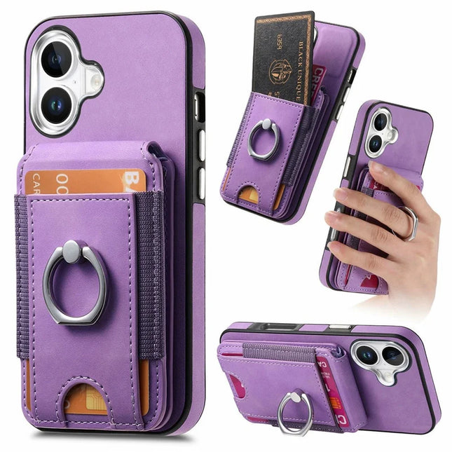 For iPhone 16 Plus Case Skin-Touch Texture Vertical Flip Card Holder Phone Cover with Ring Holder Kickstand - Purple