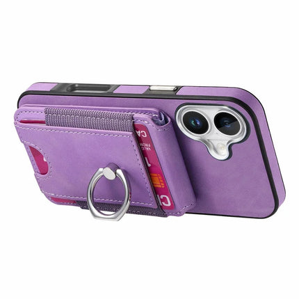 For iPhone 16 Plus Case Skin-Touch Texture Vertical Flip Card Holder Phone Cover with Ring Holder Kickstand