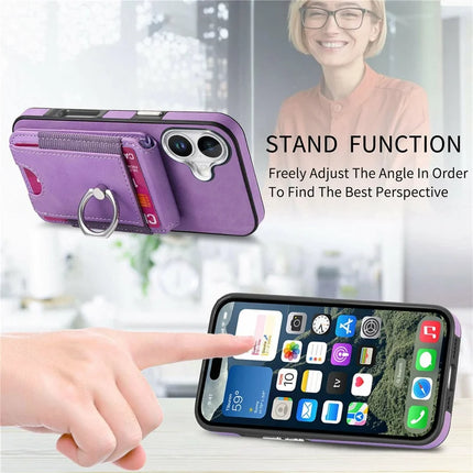 For iPhone 16 Plus Case Skin-Touch Texture Vertical Flip Card Holder Phone Cover with Ring Holder Kickstand