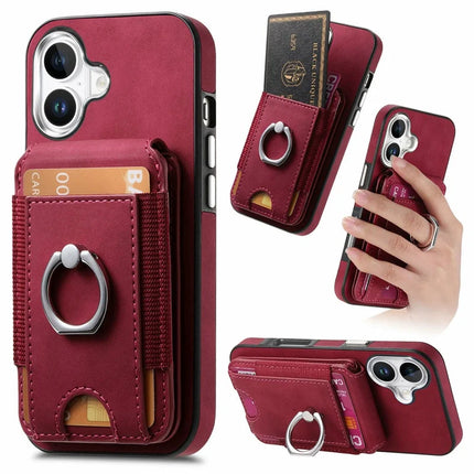 For iPhone 16 Plus Case Skin-Touch Texture Vertical Flip Card Holder Phone Cover with Ring Holder Kickstand - Red