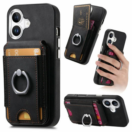 For iPhone 16 Plus Case Skin-Touch Texture Vertical Flip Card Holder Phone Cover with Ring Holder Kickstand - Black