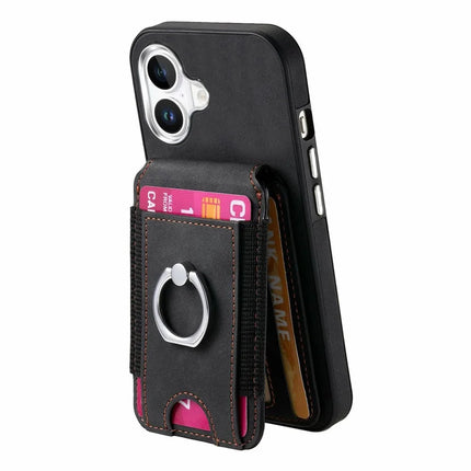 For iPhone 16 Plus Case Skin-Touch Texture Vertical Flip Card Holder Phone Cover with Ring Holder Kickstand