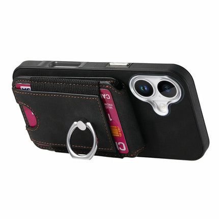 For iPhone 16 Plus Case Skin-Touch Texture Vertical Flip Card Holder Phone Cover with Ring Holder Kickstand