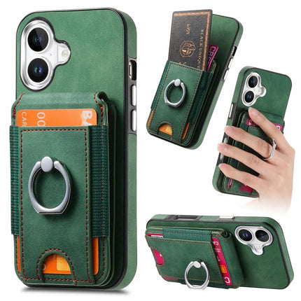 For iPhone 16 Plus Case Skin-Touch Texture Vertical Flip Card Holder Phone Cover with Ring Holder Kickstand - Green