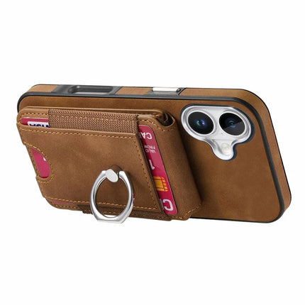 For iPhone 16 Plus Case Skin-Touch Texture Vertical Flip Card Holder Phone Cover with Ring Holder Kickstand