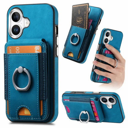 For iPhone 16 Plus Case Skin-Touch Texture Vertical Flip Card Holder Phone Cover with Ring Holder Kickstand - Blue