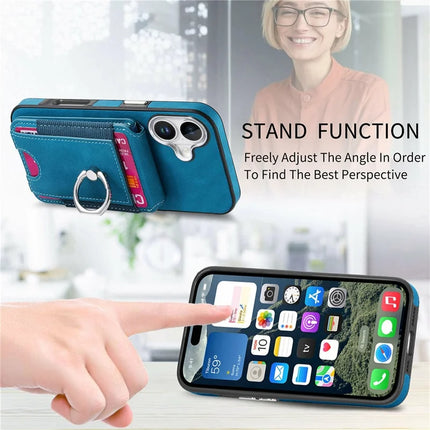 For iPhone 16 Plus Case Skin-Touch Texture Vertical Flip Card Holder Phone Cover with Ring Holder Kickstand