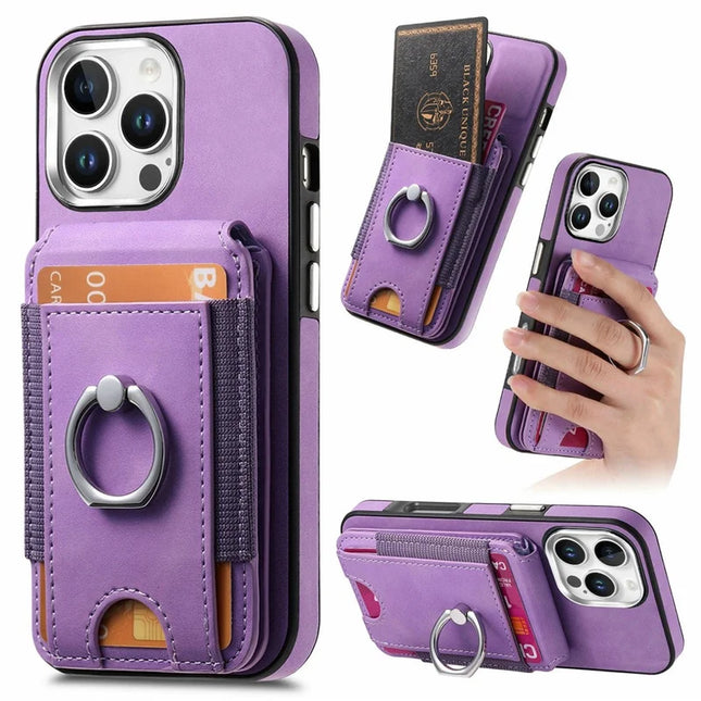 For iPhone 16 Pro Max Case Skin-Touch Texture Vertical Flip Card Holder Phone Cover with Ring Holder Kickstand - Purple