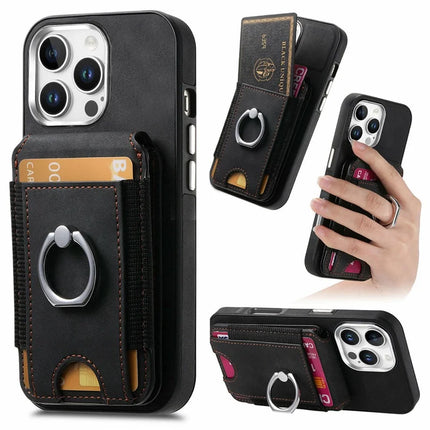 For iPhone 16 Pro Max Case Skin-Touch Texture Vertical Flip Card Holder Phone Cover with Ring Holder Kickstand - Black