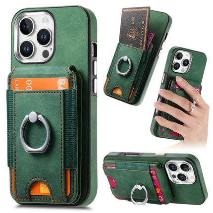 For iPhone 16 Pro Max Case Skin-Touch Texture Vertical Flip Card Holder Phone Cover with Ring Holder Kickstand - Green